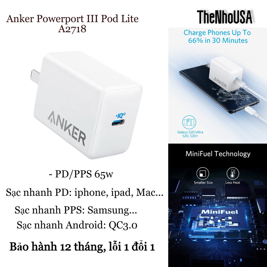 [Mã 2404EL10K giảm 10K đơn 20K] Củ sạc Anker PowerPort III 65W Pod Lite - A2718 - PD/PPS 65w [BH 12T]