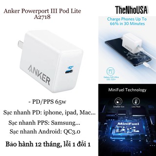 Củ sạc Anker PowerPort III 65W Pod Lite - A2718 - PD PPS 65w BH 12T