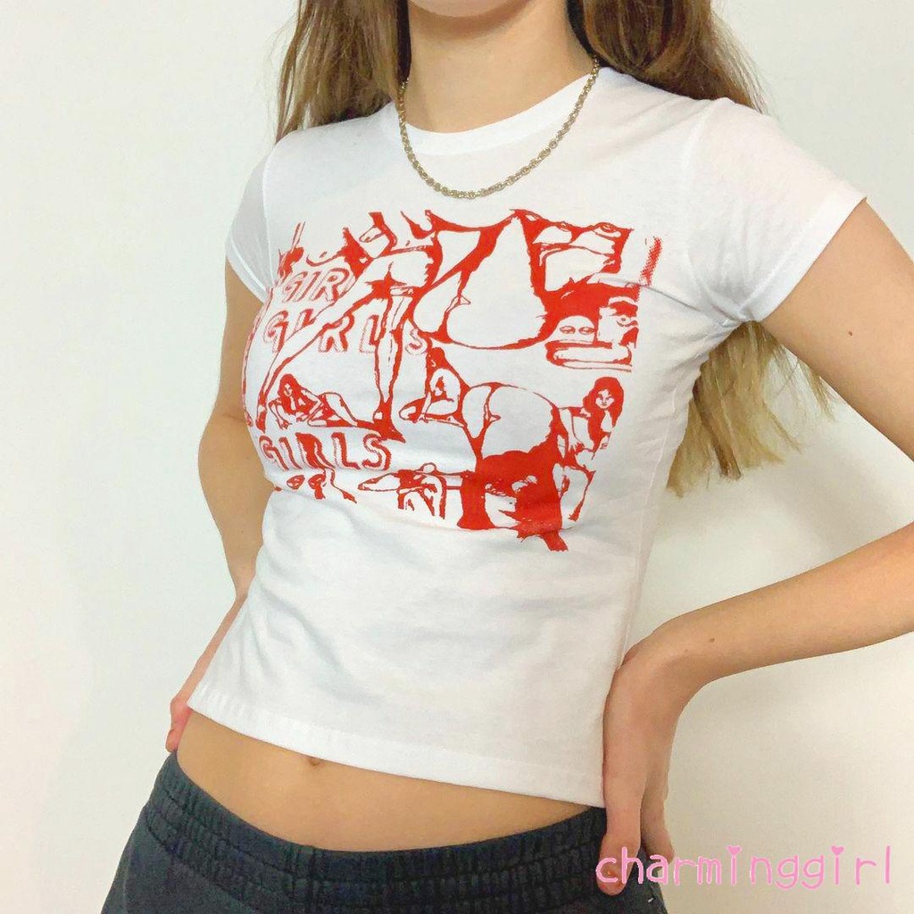 Áo thun crop top tay ngắn cổ tròn họa tiết in dành cho nữ