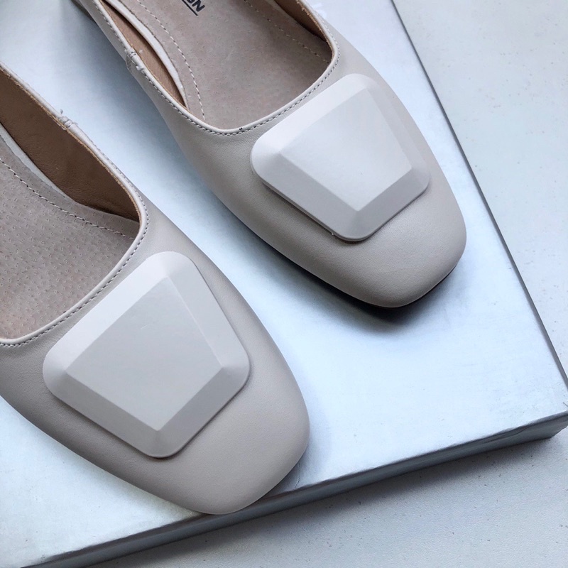 Giày búp bê mũi vuông gót cao 3cm thương hiệu Ecco da thật cao cấp màu đơn giản dễ phối đồ