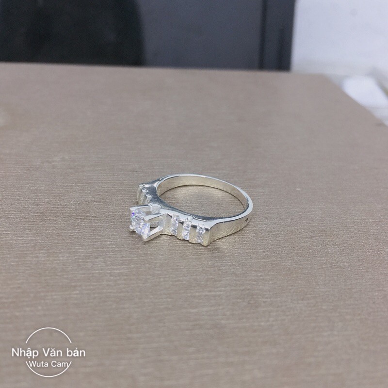 Nhẫn đá cao nhỏ nhân tạo đai ngang cá tính bạc thật