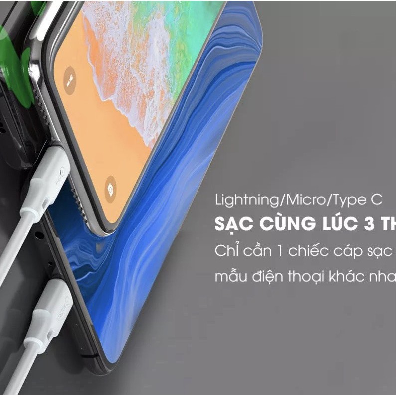 Dây cáp sạc WK WDC-103 nhiều cổng sạc USB micro type C lightning 3 trong 1 dành cho iPhone Samsung dài 1.15m