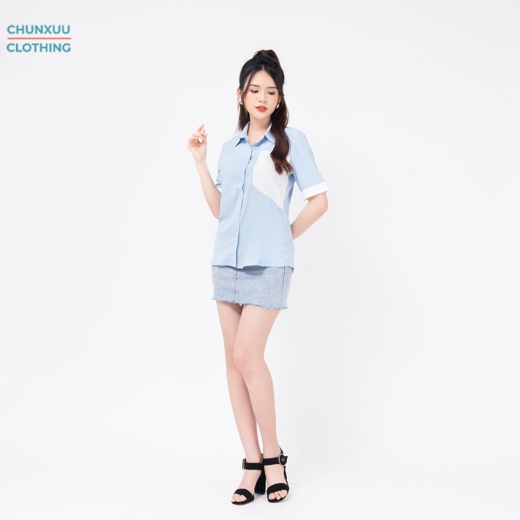 Áo sơ mi nữ kiểu cộc tay công sở Chunxuu chất vải chống nhăn cao cấp phối màu đen trắng thanh lịch - SK07