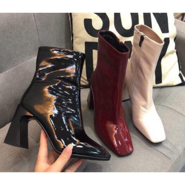 Bốt nữ lửng thời trang da bóng, Bốt nữ da bóng mũi vuông lót lông 2021 Boot cao gót gót vát khóa cạnh màu đen trắng