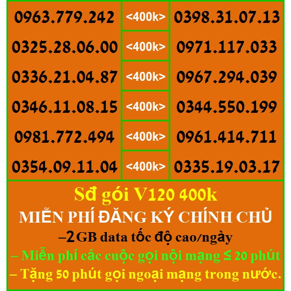 Sim Đẹp Viettel GIÁ 400k GÓI khủng V120 Miễn phí GỌI + Data tốc độ cao HỖ TRỢ ĐĂNG KÝ CHÍNH CHỦ ( xem chi tiết Sp)