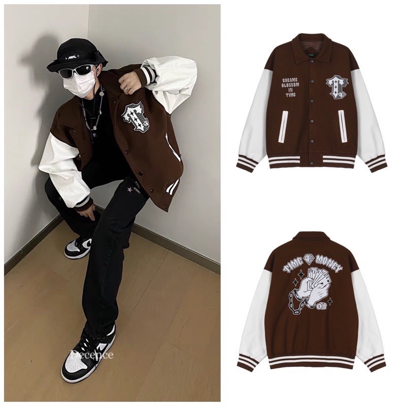 Áo Varsity Jacket - Áo Khoác Bomber Cardigan 4 Màu TIME MONEY phối bo Siêu Hot ( có form rộng XL ) - LP.STORE