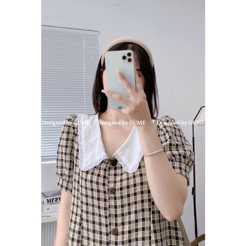 Váy Bầu mùa hè Bigsize Gume Đầm Bầu Dáng Suông Cổ viền Ren, Tay Bồng, Vải thô cotton kẻ caro cực mát GM027