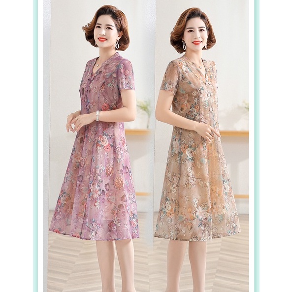 Đầm Tay Ngắn Cổ Chữ V Họa Tiết Hoa Thời Trang Mùa Hè Dành Cho Nữ Trung Niên 50 Tuổi