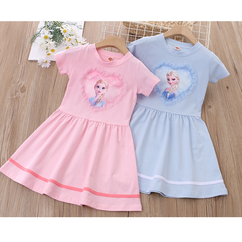 Váy ngắn tay chất cotton in hình công chúa Elsa lấp lánh cho bé gái