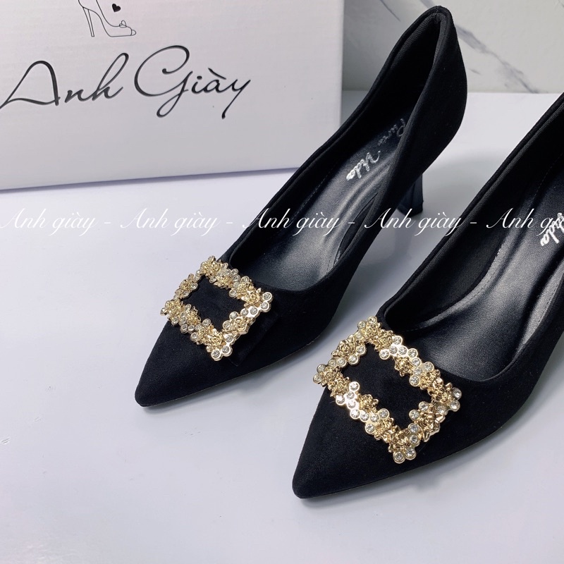 CG07 - Giày cưới, Giày cô dâu,Giày cao gót da lộn gót nhọn 7p nơ khoá vuông đá siêu sang , cực chắc chắn phù hợp dự tiệc