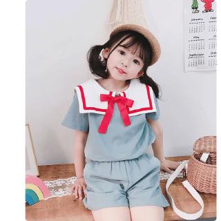 Set Áo Tay Lỡ Cổ Thủy Thủ + Quần Short Thời Trang Mùa Hè Dễ Thương Cho Bé Gái 90-140
