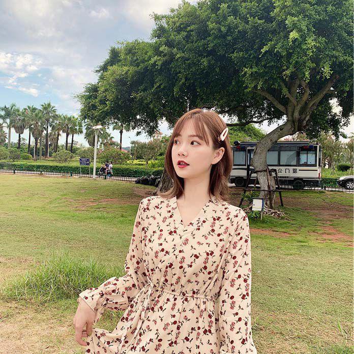 Đầm Nữ Dài Tay Cổ Chữ V In Hoa Thời Trang Hàn