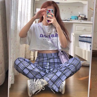 SET ÁO CROP CHỮ QUẦN CARO TÍM