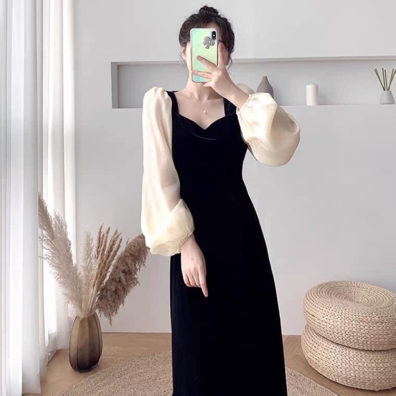 Váy nhung dáng dài qua gối có vai bồng thanh lịch chuẩn sang xịn mịn
