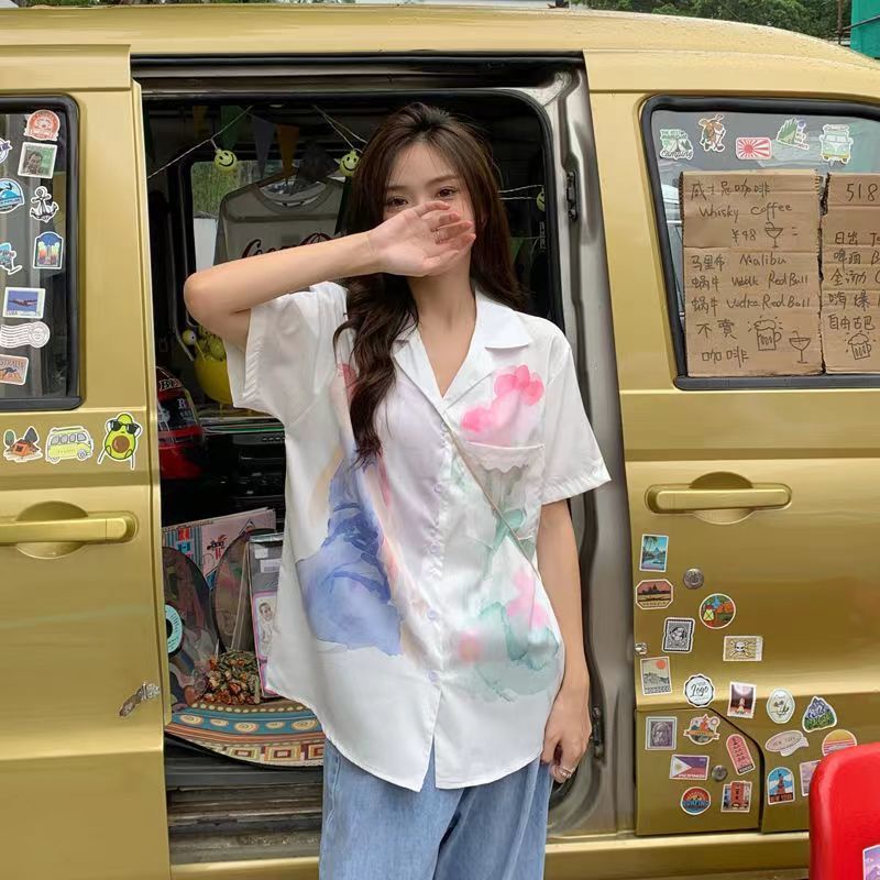 Áo Sơ Mi Ngắn Tay Dáng Rộng In Họa Tiết Vintage Thời Trang Mùa Hè Dành Cho Nữ