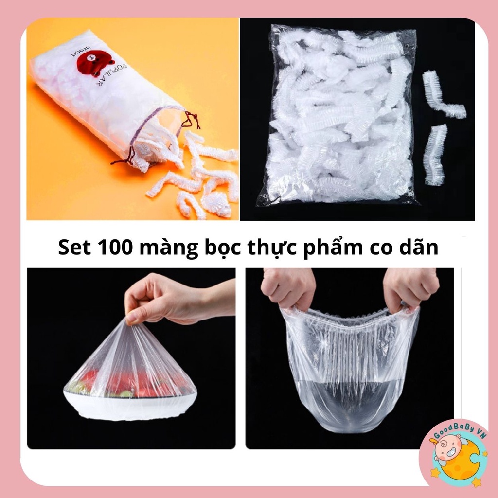 Màng bọc thực phẩm co giãn, siêu dai có chun an toàn kèm túi gấu set 100 chiếc Goodbabyvn