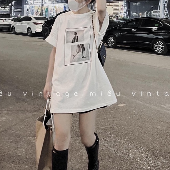 Áo phông miêu vintage in đơn giản dáng rộng tay lỡ màu trắng quốc dân