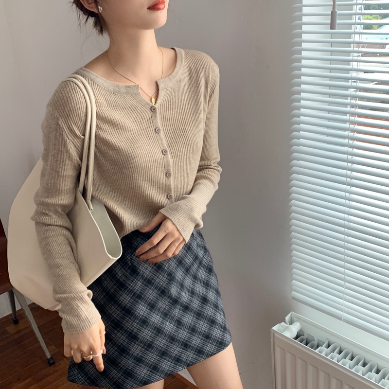 Áo cardigan 37703 dệt kim cổ V dài tay màu trơn phong cách đơn giản