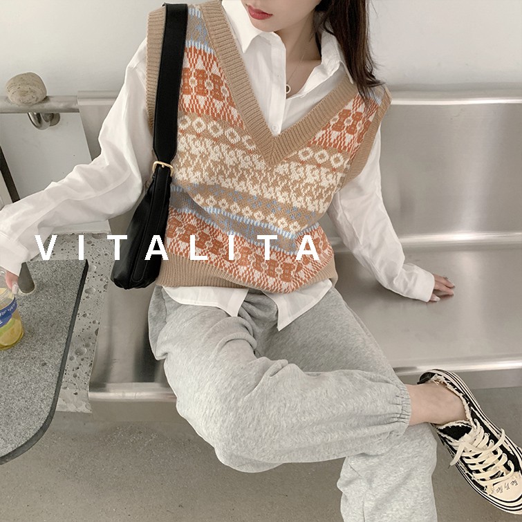Áo gile len form rộng chất dệt kim họa tiết thổ cẩm Style Ulzzang Vitalita GL02 | WebRaoVat - webraovat.net.vn