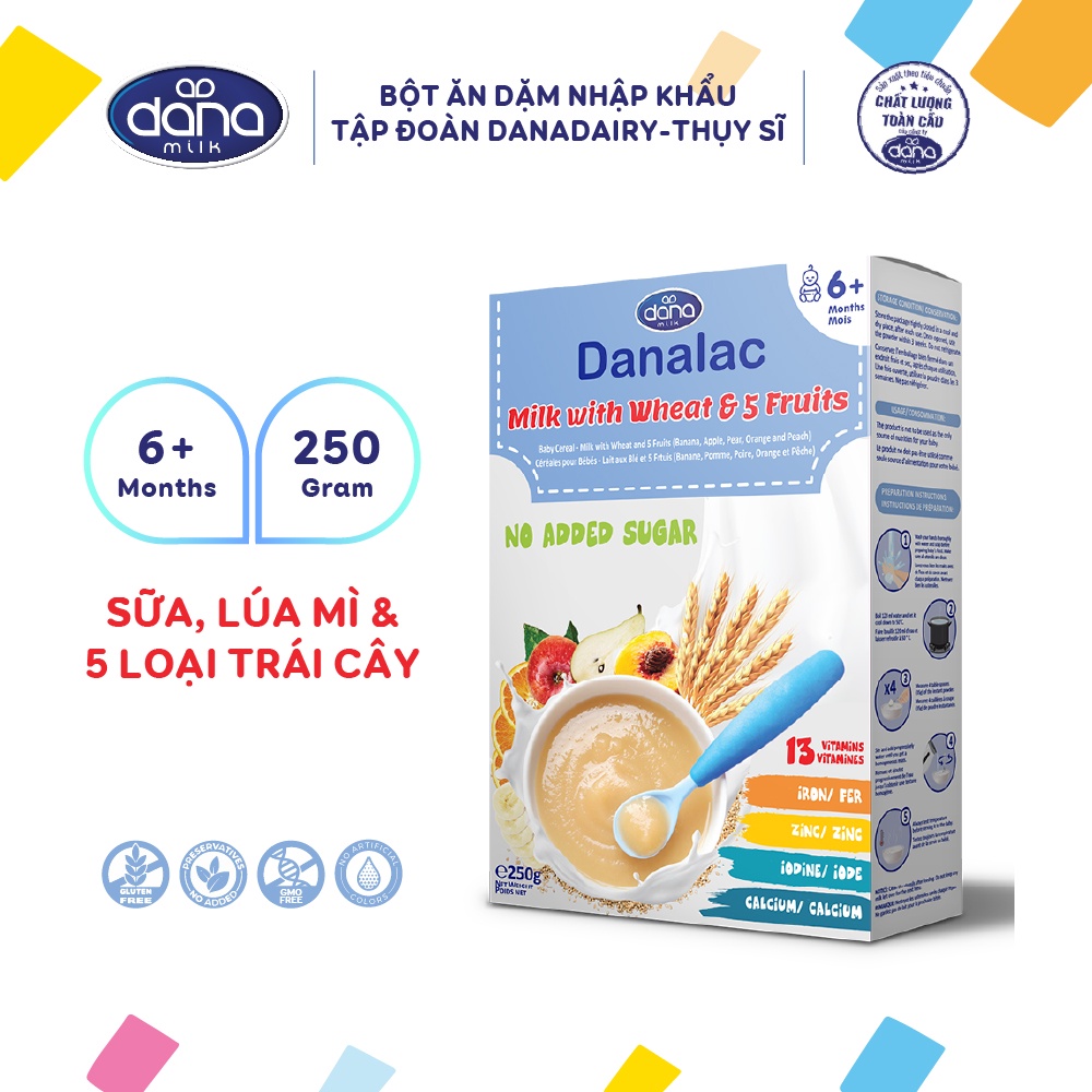 Bột ăn dặm DANALAC lúa mỳ với sữa và 5 loại trái cây - Hộp 250g