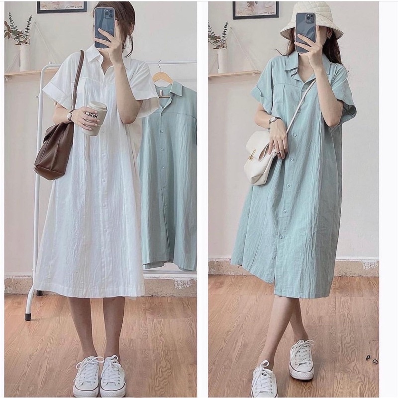 Váy sơmi cộc tay thô đũi