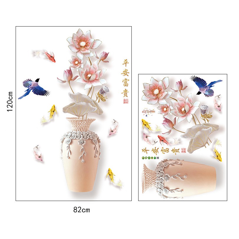 Decal trang trí tường - Chậu và Hoa Sen trắng hồng nhạt 3D mới