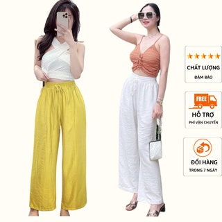 Quần ống rộng đũi dài nữ dáng suông cạp chun sau có 2 khuy Quần vải nữ suông ống rộng chất đũi lụa cao cấp 2022