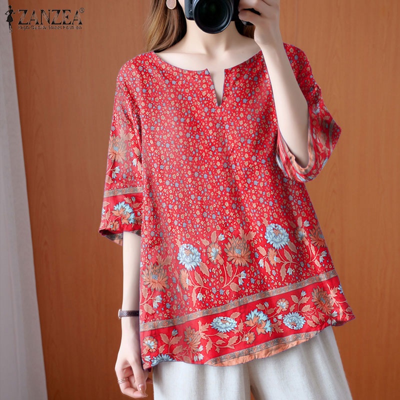 ZANZEA Áo Kiểu Cổ Tròn Tay Lỡ Họa Tiết Hoa Phong Cách Retro Dành Cho Nữ