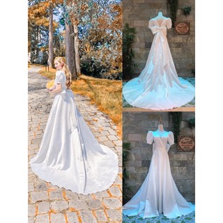 váy cưới phi trắng tay phồng đuôi cá dài, dạ hội cưới đơn giản, váy cưới hàn quốc