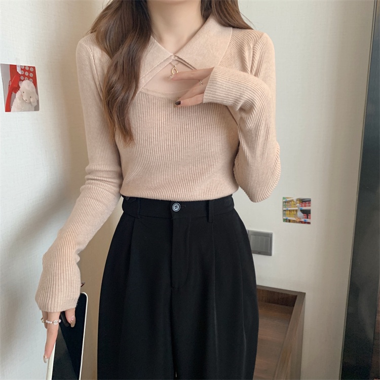 Áo sweater ZHELIHANGFEI tay dài giả hai lớp cổ bẻ ôm dáng thời trang quyến rũ