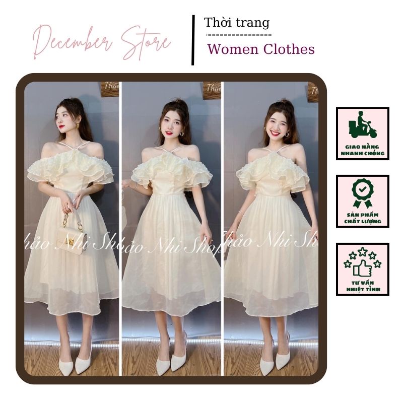 Đầm maxi yếm bánh bèo trễ vai chất tơ nhũ, váy maxi cổ yếm trễ vai bèo ngực màu be cao cấp, váy tơ bèo cổ yếm óng ánh