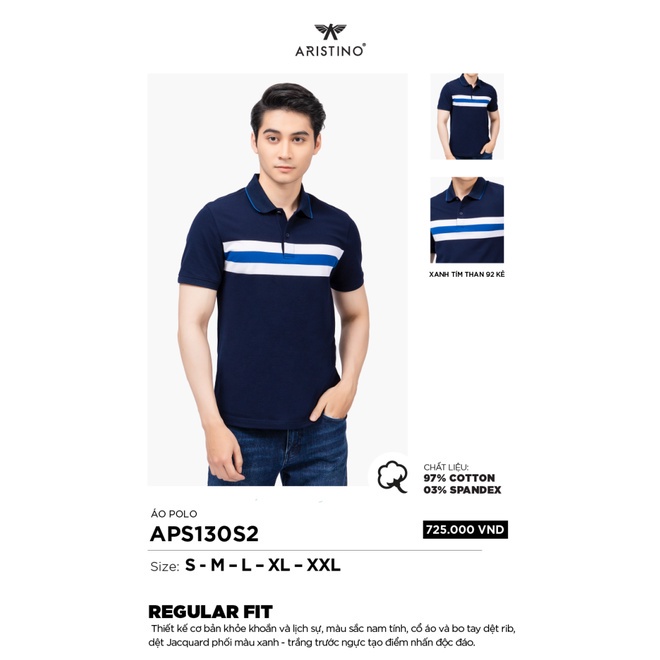 Áo Thun Polo Ngắn Tay Có Cổ Bẻ ARISTINO APS130S2 Áo Phông Nam màu xanh than kẻ ngang dáng suông vừa vải cotton cao cấp