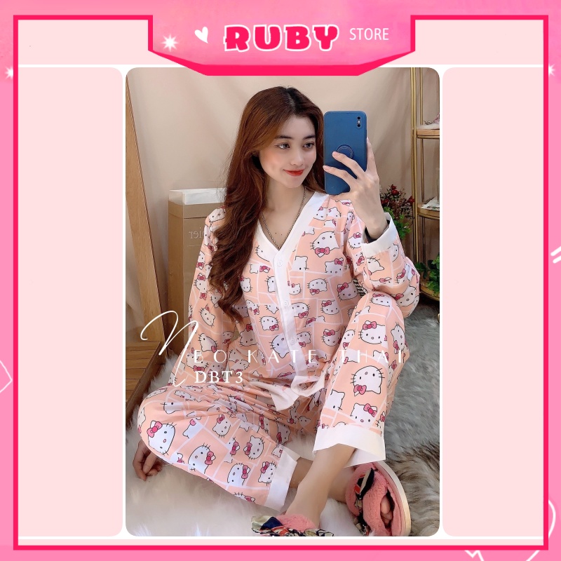 Đồ bộ pijama tay dài quần dài cổ V Kitty dễ thương chất kate mềm mịn mát ❤ Rubystorevn