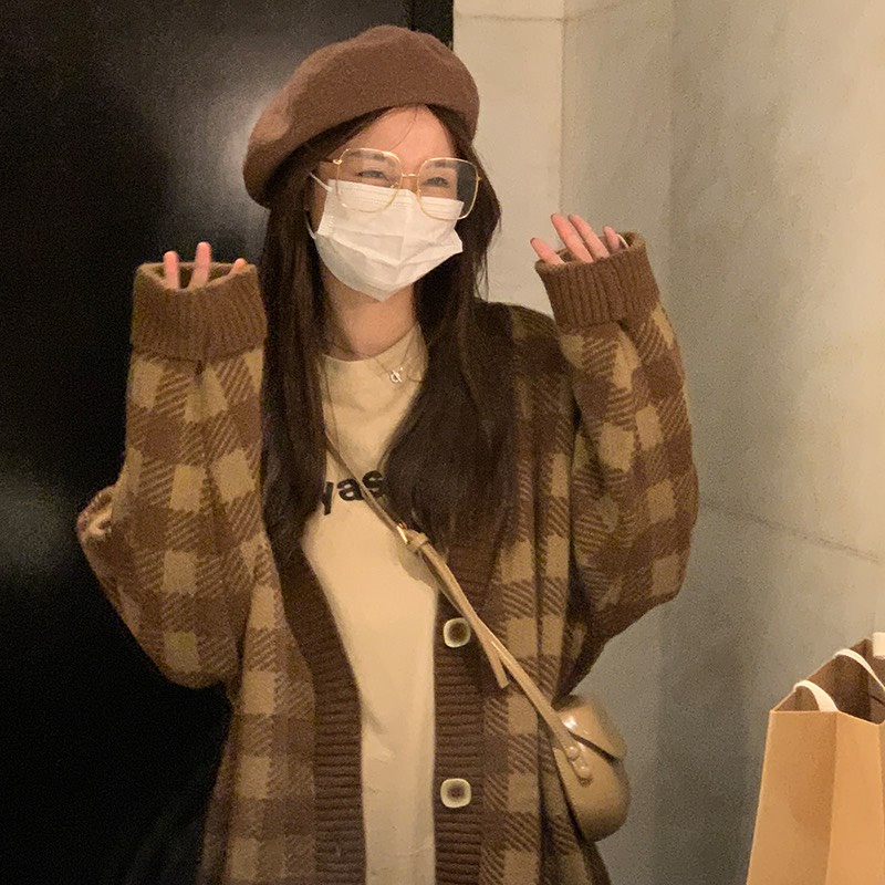 Áo cardigan kẻ caro chùm mông vintage 2 màu Quảng Châu