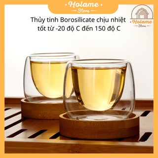 Chén uống trà, ly thủy tinh 2 lớp  kèm lót gỗ - Thủy tinh Borosilicate chịu nhiệt cực tốt