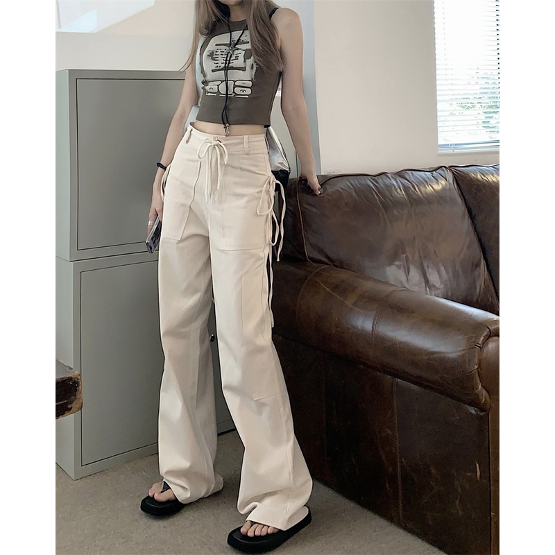 QADCOL Quần ống rộng Lưng Cao Dây Rút Phong Cách Retro Cho Nữ