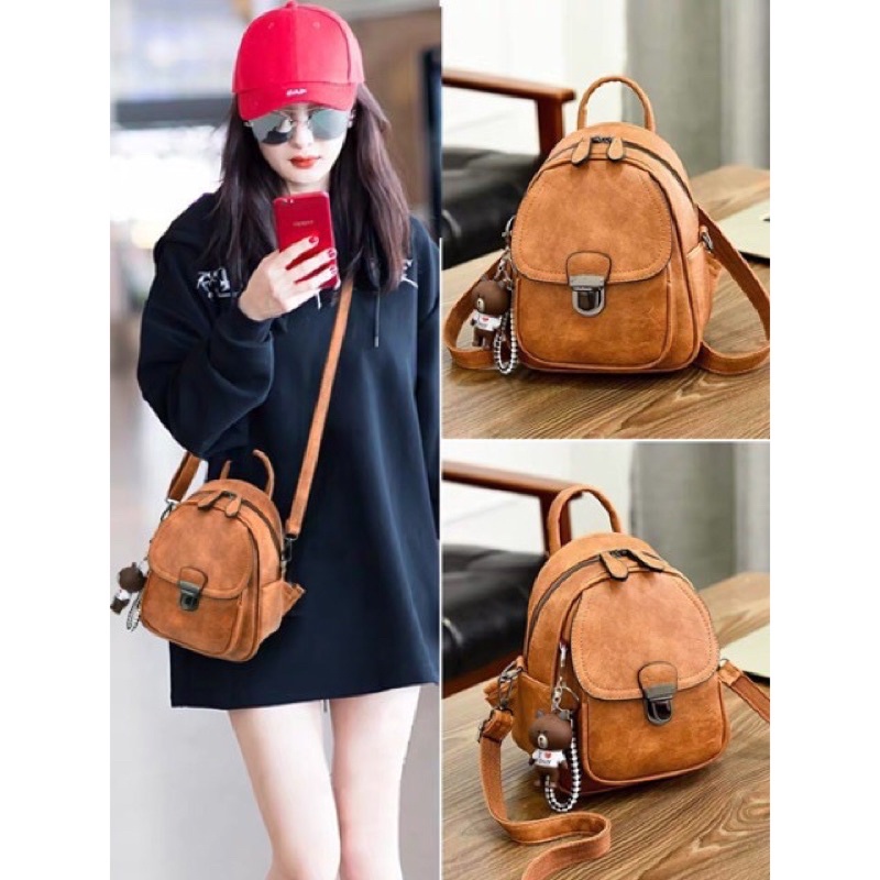 Balo Mini Kèm Móc Khoá Gấu, Túi Đeo Chéo Nữ Khoá Xập