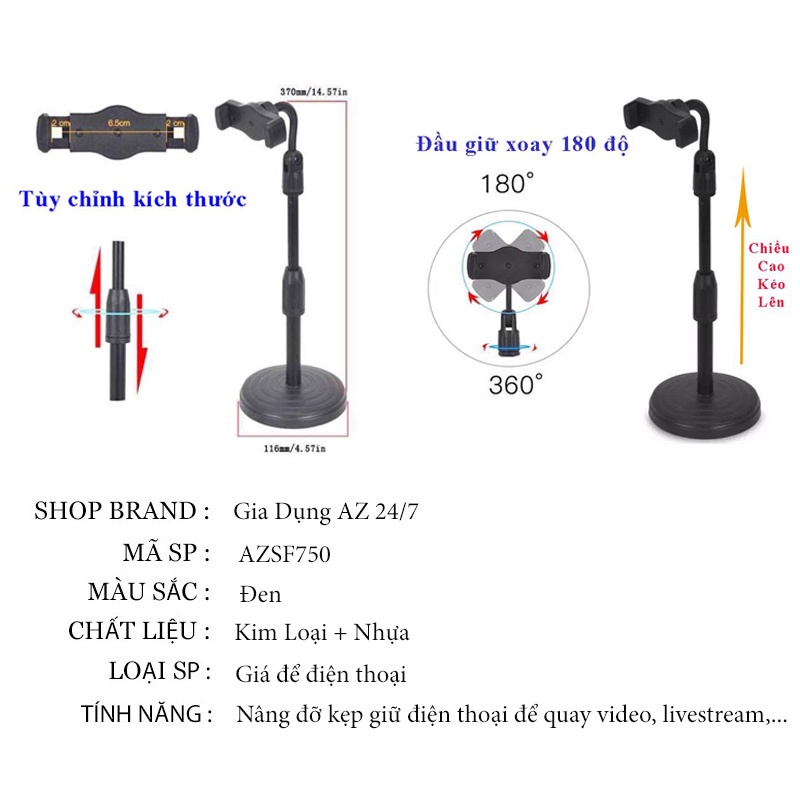 Giá đỡ kệ đỡ kẹp điện thoại để bàn livestream xem video ổn định xoay 360 độ dùng để quay phim ghi hình đa năng AZSF750