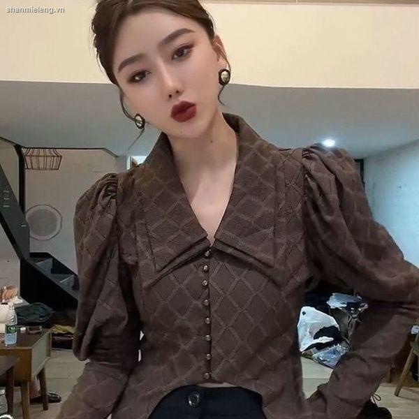 Áo sơ mi tay dài phồng cổ búp bê phong cách retro thời trang mùa thu 2021