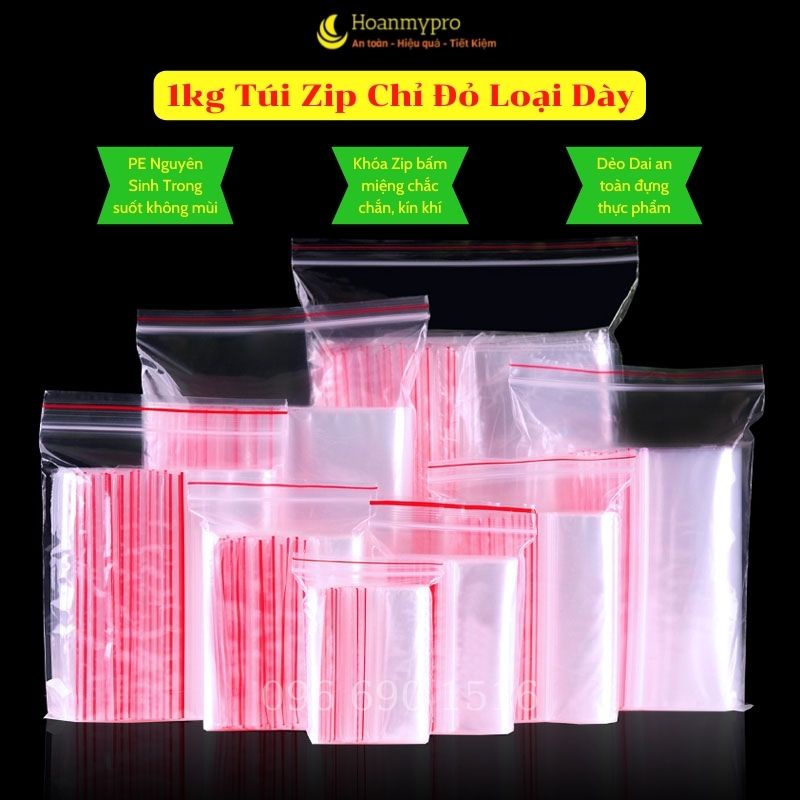 Túi zip chỉ đỏ 1kg túi khóa zip bấm miệng loại dày hàng có sẵn nhiều kích thước