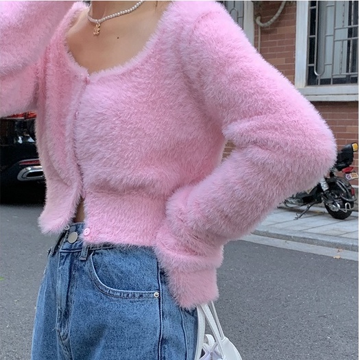 Áo khoác cardigan vải nhung tay dài cổ tròn màu trắng/ màu hồng thời trang thu đông dành cho nữ | BigBuy360 - bigbuy360.vn