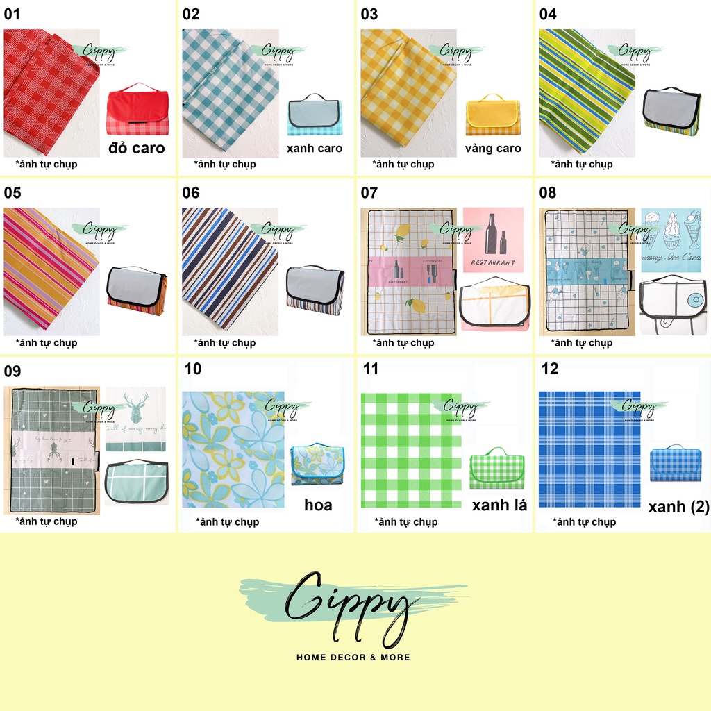 Thảm picnic dã ngoại du lịch, bạt trải cắm trại, chống thấm nước, họa tiết caro, gấp gọn tiện lợi - Gippy Decor | BigBuy360 - bigbuy360.vn