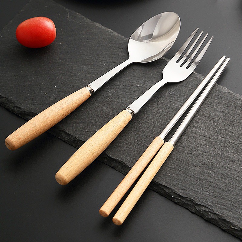 Bộ thìa đũa dĩa inox cán gỗ sồi sang trọng có hộp đựng lúa mạch dùng cho văn phòng ,cá nhân
