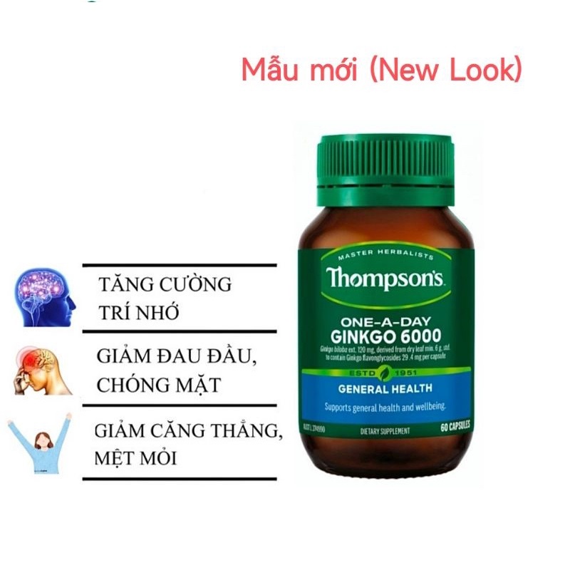 Viên uống Bổ não tăng cường trí nhớ Úc Ginkgo Biloba 6000mg Thompson s 60