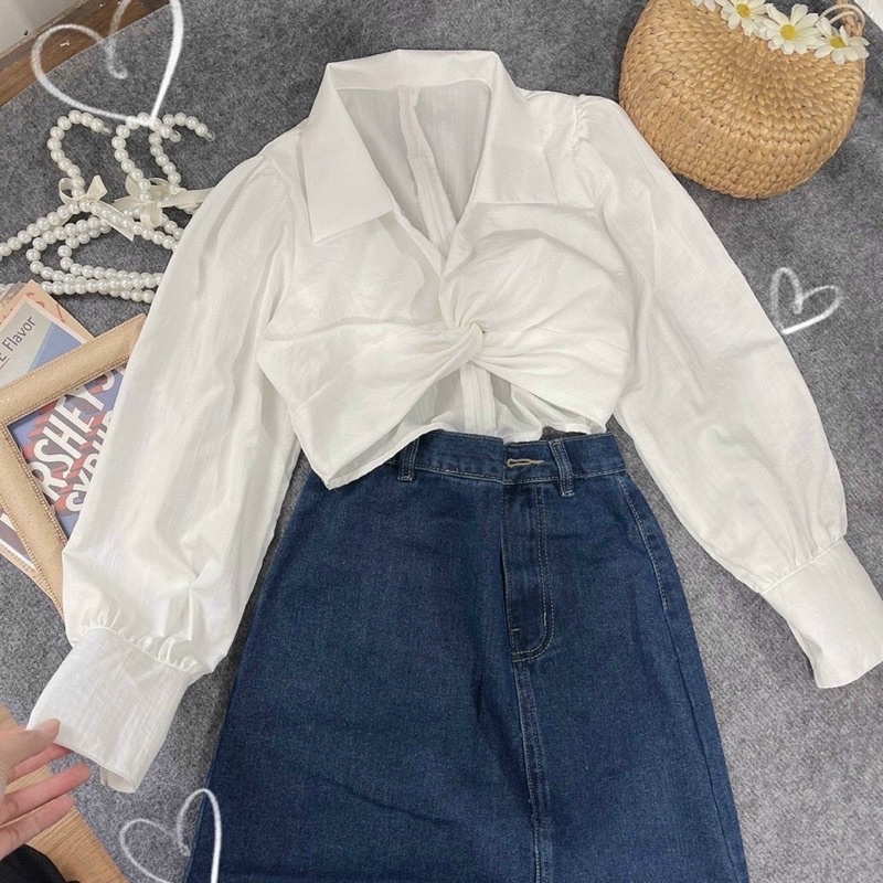 ÁO SƠ MI CROPTOP XOẮN EO TAY BỒNG SANG CHẢNH [kèm ảnh thật]