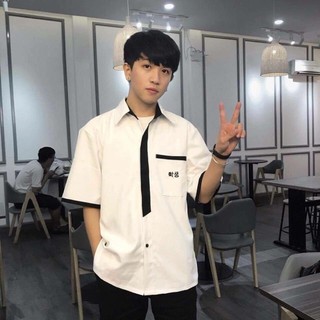 Áo sơ mi form rộng unisex tay lỡ thêu chữ hàn