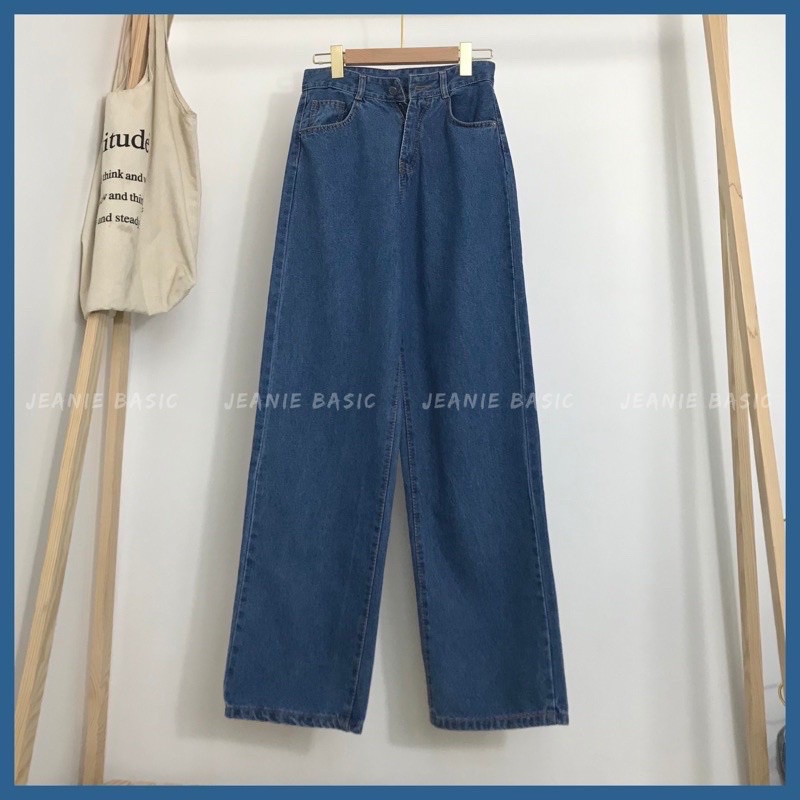 Quần jeans ống rộng xanh đậm cạp cao hack eo cực thon kéo chân siêu đỉnh