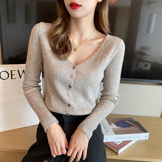 Áo khoác cardigan dệt kim tay dài cổ chữ V màu xanh dương/hồng/đen/xám phong cách Hàn Quốc