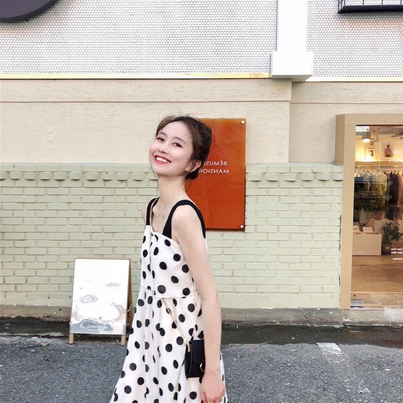 MS045 Váy đầm nữ hè hai dây cổ vuông chấm bi