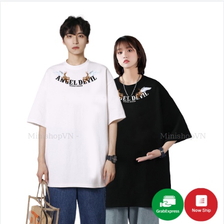 Áo phông unisex Devil Angel, áo thun tay lỡ form rộng chất cotton mềm mát
